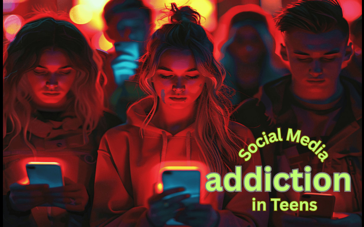 A group of teens addicted to their smartphones looking scrolling