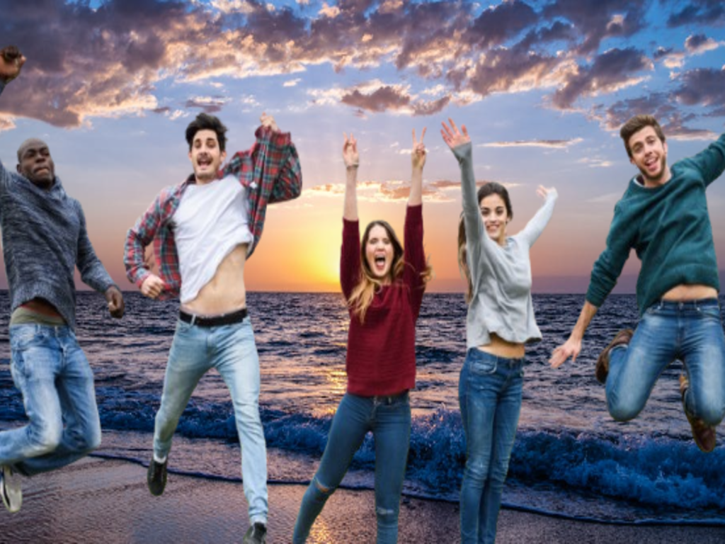 Group Friends Jumping while enjoying great success Friends to spread joy and positivity